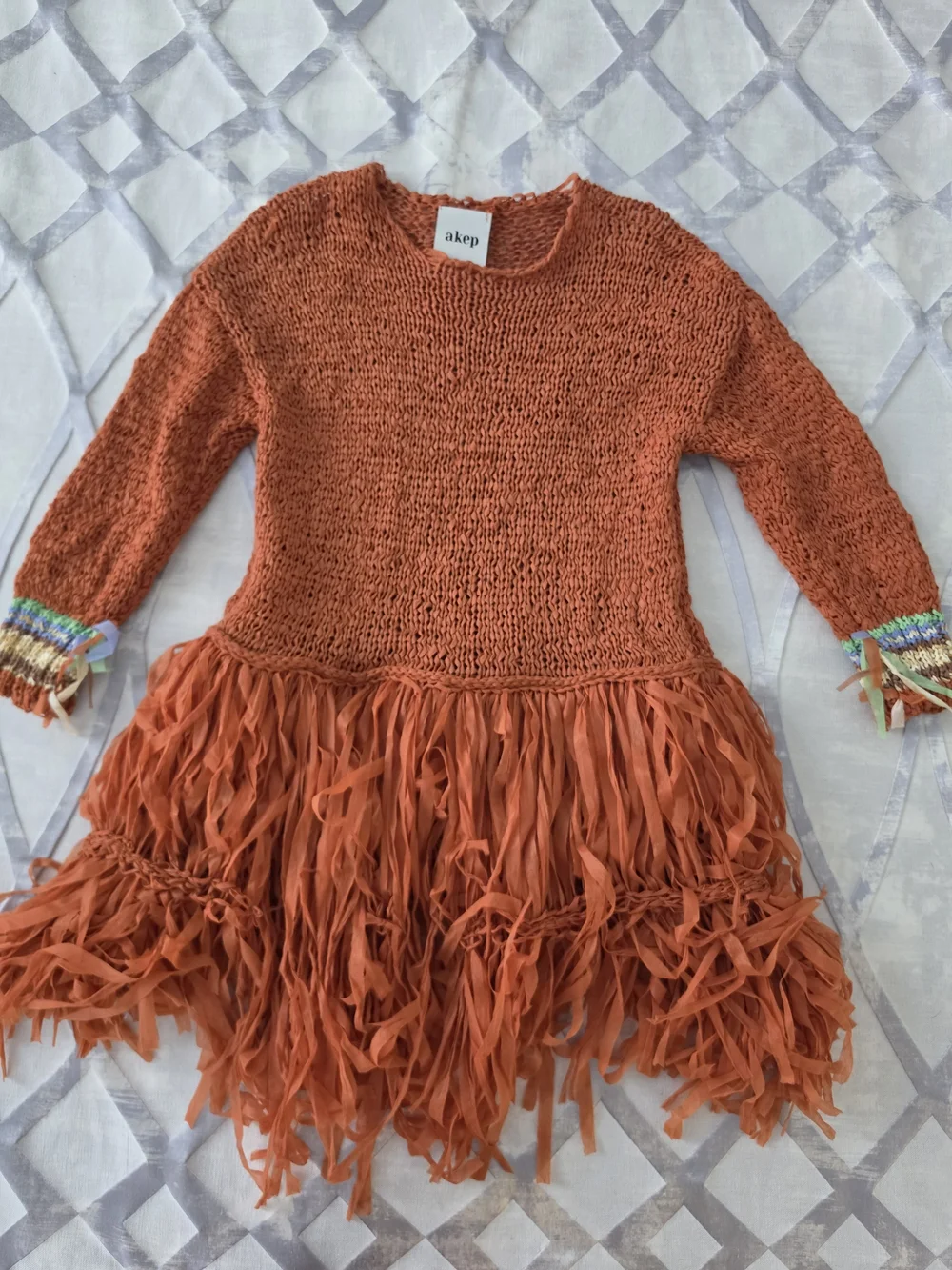 Akep Orange Girls' Fringe Knit Dress, Size 8